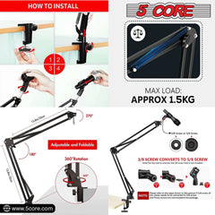 5Core Microphone Boom Arm Desk Mic Stand Adjustable Clamp Suspension Boom Stands BLACK