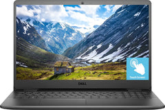 Laptop displaying a scenic mountain view with a touch screen indicator on the screen.